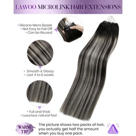 LaaVoo Micro Hair Extensions Human Hair Ombre Silver Micro Link Hair Extensions Long Hair 24 Inch Micro Beads Hair Extensions Black Fading to Silver Mix Black 50g/s