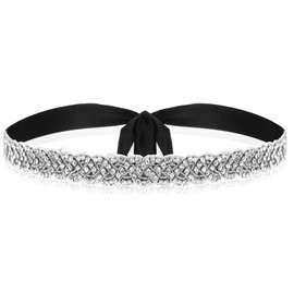 Bridal Rhinestone Silver Belt Crystal Tie Belt Sash Women, black, silver