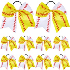 WILLBOND 10 Pieces Baseball Hair Bows 6.5 Inch Large Softball Bow Ponytail Holders with Elastic Baseball Hair Ties Accessories for Sports Competition (Yellow)
