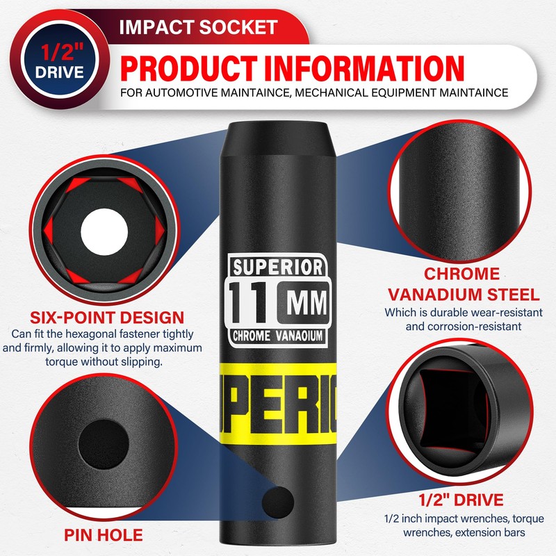 Aiourx 1/2” Drive Impact Socket, 11 mm Deep Socket, Metric,