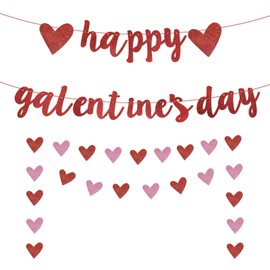 Happy Galentine's Day Banner, Red Glittery Galentine’s Day Decorations, Heart Garland Banner Decorations, Ladies Girls Happy Valentine’s Day Party Decorations,Break Up Party Decorations Photo Prop