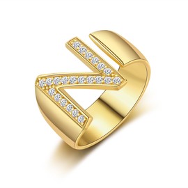 KAERUN 18k Gold Plated Adjustable Initial Ring for Women Cubic Zirconia Chunky Gold Stackable Letter Ring Women's Statement Open Rings A-Z Initials Engraved Signet Alphabet Rings