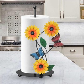 Kitchen Roll Holder Sunflower Paper Towel Holder Free Standing Black Iron Kitchen Towel Stand Non Slip Countertop Organizer(Butterfly)