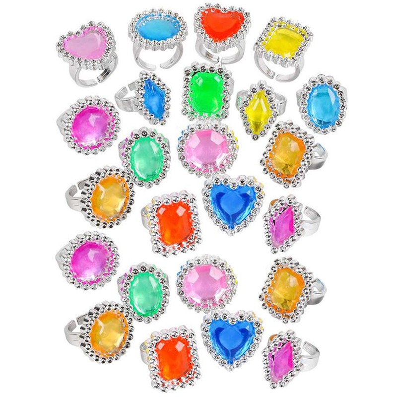 The Dreidel Company 24-Pack Colorful Plastic Jewel Ring Adjustable Fake