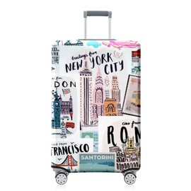 Vehcimbev Washable Postage Stamp Luggage Cover -Eiffel Tower,London Bridge and New York Bridge Postage Stamp Elastic Travel Suitcase Protector Fit 22-24in Luggage Covers