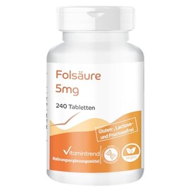 Vitamintrend Folic Acid 5 mg, 240 Tablets, Swallow-Friendly, High Dosage, Dietary Supplement Vegan without Magnesium Stearate, Made in Germany