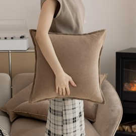 Hckot Ramie Cotton Throw Pillow Covers 18 x 18 Decorative Pillows for Bed Neutral Boho Farmhouse Pillows for Couch Sofa Bedroom Living Room Home Decor Brown