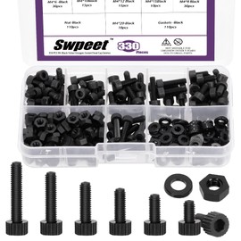 Swpeet 330Pcs M4 6 Sizes Black Nylon Hexagon Socket Screw Nuts with Washers Assortment Kit，Plastic Hex Socket Head Cap Screws Bolts Nuts, Full Thread Hex Knurled Plastic Bolt, Length 6/8/10/12/15/20mm