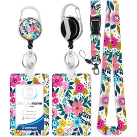 TONJOY ID Badge Holder with Lanyard and Retractable Badge Reel Clip - Flowers Pattern Card Name Tag Lanyard Vertical ID Protector Bage Clips for Nurse Nursing Doctor Teacher Student
