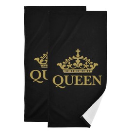 AIYOOLER Black Hand Towels for Bathroom Set of 2 Black and Gold Queen Crown Soft Absorbent Small Bath Towels Decorative Kitchen Guest Dish Towel Multipurpose for Hotel,Gym,Spa 28x14in