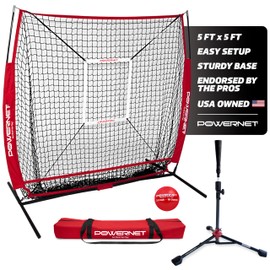 PowerNet Baseball Bundle, 5x5 FT Hitting and Pitching Net with Batting Tee, Softball & Baseball Training Equipment, Weighted Ball & Bag (Red Net & Tee)