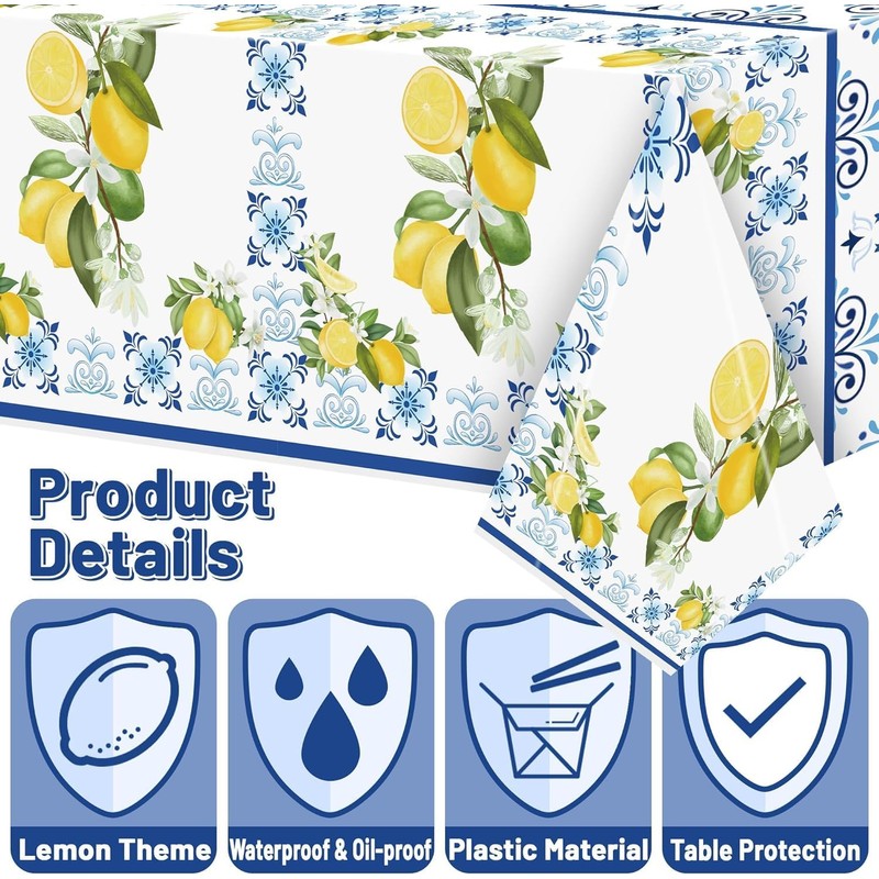 BeYumi 3 Packs Capri Lemon Theme Tablecloth Party Decoration Set