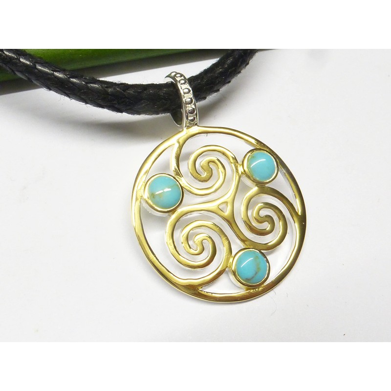 Silver Plated Turquoise Triskele Pendant Sterling Silver Protection Symbol Unisex,