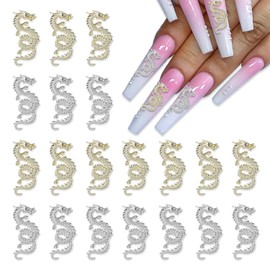 WOKOTO 20pcs Gold and Silver Chinese Dragon Nail Charms for Long Nails Dragon Jewelrys 3D Nail Jewelry for Acrylic Nails Art 3D Dragon Charms Silver Nail Studs Charms for Nails Designs Charms