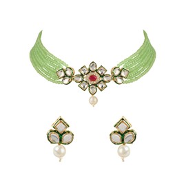 I Jewels Womens 18K Gold Plated Indian Wedding Bollywood Choker Set Glided With Kundan & Beads (K7227Min) Mint