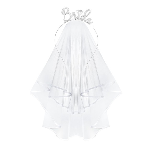 Jaciya Rhinestone Bridal Headband with Veil, Sparkly Headpiece for Bachelorette