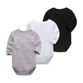 OPAWO Unisex Baby Bodysuit Vests Cotton Long Sleeve Baby Grow Boys and Girls 0-24 Months Pack of 3 (Black/White/Grey L,6-9 Months)
