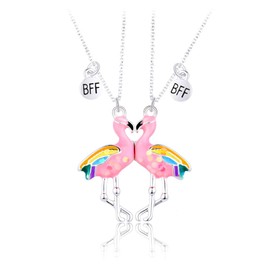 Cute Pink Flamingo Best Friend Choker Necklace for 2 Dainty Sterling Silver Plated Magnetic Matching Animal Small Disc Friendship Charm Pendant Necklaces Adjustable Chain Christmas Gift for Bff Sister Daughter