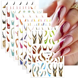 8 Sheets Shiny Line Nail Stickers - French Tip Nail Decals, 3D Glitter Wavy Stripe Designs, Gold Nail Tip V Shape Lines for DIY Acrylic Manicure Decoration