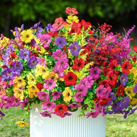 SHareconn 24 Bundles Artificial Flowers for Outdoors Decoration, Faux Plants Fake Silk Colorful Daisy Eucalyptus Lavender, UV Resistant for Outside Home Porch Patio Spring Decor, RedRosyPurpleYellow