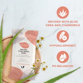 Veeda Plant-Based Feminine Wipes – pH-Balanced, Hypoallergenic & Biodegradable Wipes for Sensitive Skin, Fragrance-Free Travel Sized Wipes – 60 Count