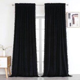 Benedeco Black Velvet Curtains for Bedroom Window with Pom Pom, Super Soft Luxury Drapes, Room Darkening Thermal Insulated Rod Pocket Curtain for Living Room, W52 by L90 inches, 2 Panels