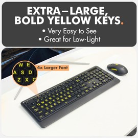 X9 Performance Large Print Wireless Keyboard and Mouse Combo - 4X Larger Oversize Yellow Letters for Seniors and Low Vision Users - 2.4Ghz Wireless Mouse and Keyboard Combo for PC