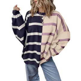 EVALESS Womens Sweaters 2025 Fashion Trendy Fall Oversized Cable Knit Striped Round Neck Long Sleeve Loose Plus Size Lightweight Pullover Clothes,Blue Stripe XX-Large