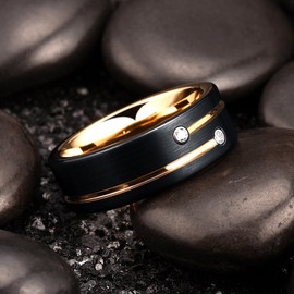 King Will 8mm Tungsten Carbide Wedding Ring for Men Black Gold Plated Cubic Zircon Inlay