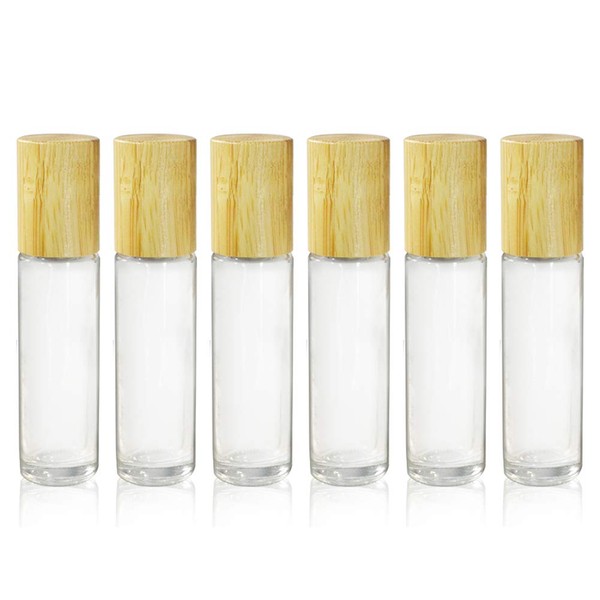 6 Count 10ml Bamboo Roll On Bottle For Essential Oils,Clear Glass Bottle With Natural Bamboo Lid,Portable Massage Stainless Steel Roller Ball Glass Vial Aromatherapy travel Perfumes Bottles