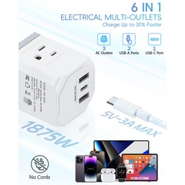 6 in 1 Multi-plug Outlet, USB-C Outlet Extender, Wall Outlet Splitter with 3 Outlets and 3 USB Ports (1 USB C), No Surge Protector, for Cruise Ship, Home, Office, ETL Certified