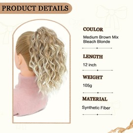 VEGALILY 12 inch Hair Extensions Clip in Medium Brown Mix Bleach Blonde Ponytail extension Short Curly Claw Clip Ponytail Synthetic Drawstring ponytail Hair Pieces for Women for Daily Use