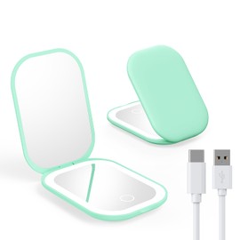 Gospire Espejo de maquillaje de viaje iluminado con luz y aumento, espejo pequeño recargable de aumento 3X con luz ajustable de tres colores, portátil para bolso, verde
