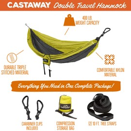 Castaway Travel Hammocks Double Lime/Charcoal Camping Hammock with 2 Tree Straps, Triple Stitched Durable Nylon Material, Compact Design for Backpacking, Travel, Beach, Backyard, Patio, Hiking & More