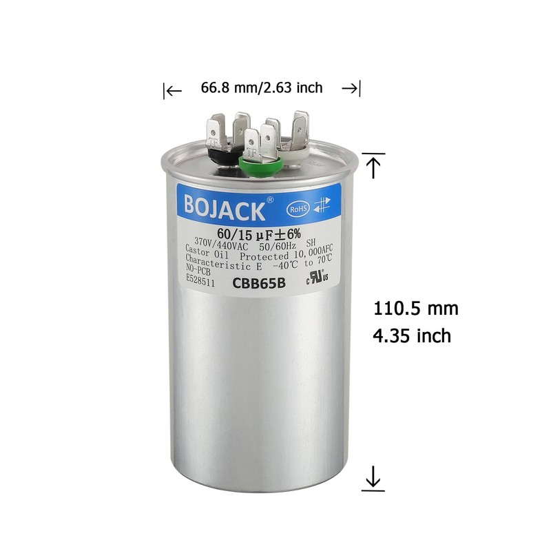 BOJACK 60/15 uF 60+15 MFD 370/440 VAC CBB65B Dual Run