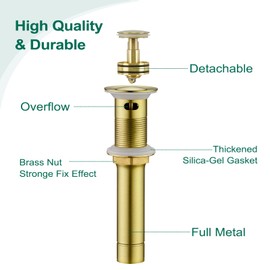 CREA Gold Bathroom Sink Drain Stopper,Pop Up Sink Drain Stopper Bathroom Sink with Overflow,Vessel Sink Drain Plug with Anti-Clogging Strainer Pop Up Drain Stopper Kit All Metal Stailess Steel