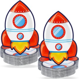50 PCS Rocket Ship Paper Plates for Outer Space Birthday Party Supplies Disposable Solar System Themed Party Dessert Plates Starry Night Baby Shower Party Galaxy Birthday Themed Decoration Kids