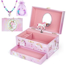 hombrima Music Jewellery Box with Drawer, Necklace, Bracelet, Musical Jewellery Storage Case with Spinning Ballerina Gift Set for Children, Girls, Children, Daughter