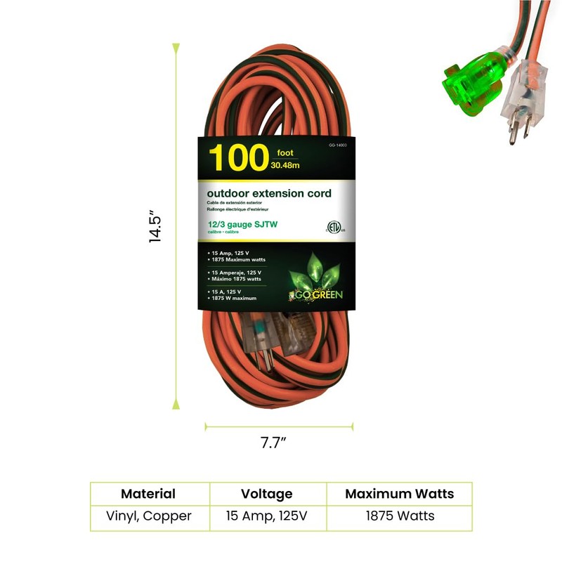 Go Green Power Inc. (GG-14000) 12/3 SJTW Outdoor Extension Cord,