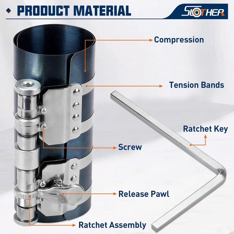 6”Piston Ring Compressor, Adjustable Ratchet Piston Installer Tool Removal Tool