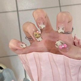 Press on Nails Short - 24 Pieces Pink Leopard Kitty Design Fake Nails for Press On Acrylic Artificial Fingernails for Women & Girls Nail Art Manicure DIY (Pink Cat, 24x)