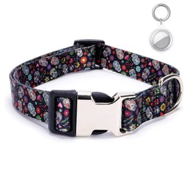 Dog Collars with Airtag for Girls Boys, Colorful Cute Fancy Metal Buckle Flower Printed Patterns Durable Adjustable for Small Medium Large Breed Female Male Pet Cat Terrier,Skull M