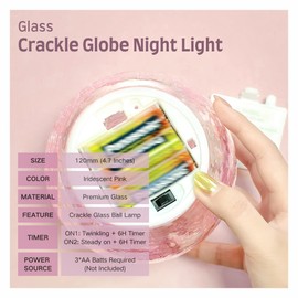Valentines Day Iridescent Pink Crackle Globe Desk Night Light, Steay on and Twinkle Light with 6 Hour Timer, Battery Operated Lighted Glass Orb, 4.7 Inches, Tabletop Decor Mothers Day, Gift for Love