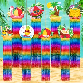 KatchOn, Colorful Tropical Fringe Hanging Decorations - Pack of 8 | Rainbow Streamers for Luau, Hawaiian, Topical Party Decorations | Summer Photo Booth Backdrop for Pool, Summer Party Decoration