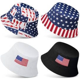 4 Pieces Bucket Hat American Flag and Solid Color Reversible Bucket Hats Double Side Wear Patriotic Bucket Hat Cotton Packable Fisherman Hat Summer Hat for Men Women Labor