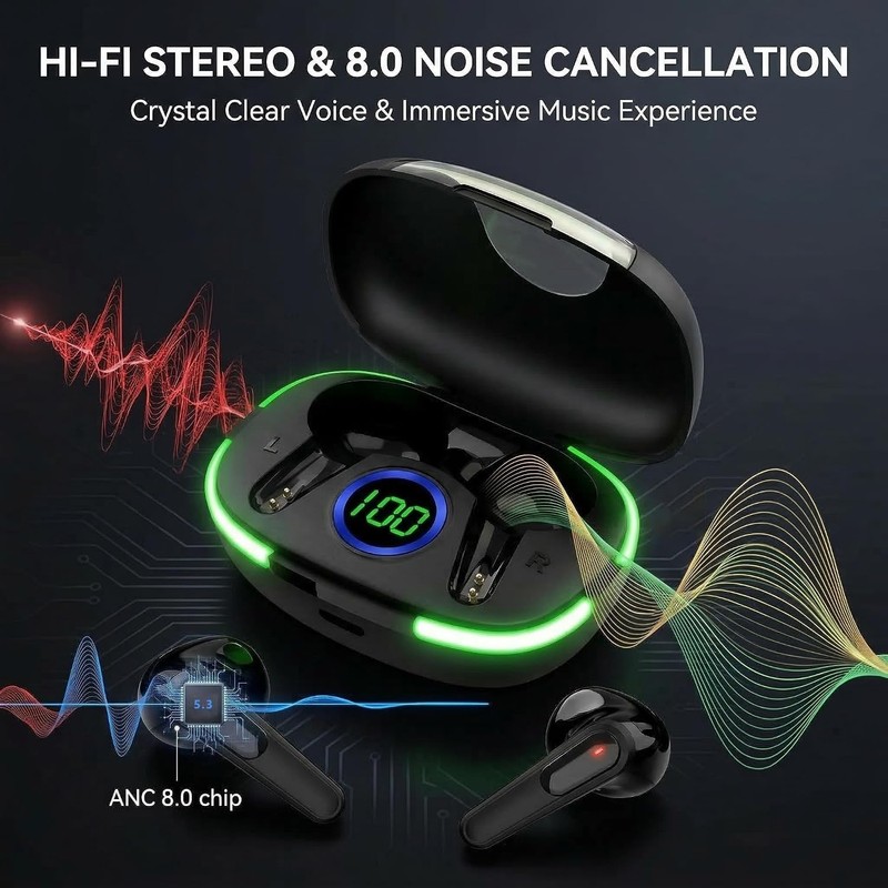 Wireless Earbuds with Deep Bass, Stereo Sound, and Noise-Canceling Design