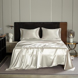 Solid Color Silky Fabric Bedroom Bedding Set, Including Fitted Sheet, 1 Set Including 1 Flat Sheet & 1/2 Pillowcase without Filler, Modern Soft Comfortable Satin Bedding Set for Home - Color: Ivory, Size: King