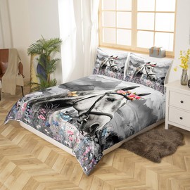 Feelyou Girls Horse Duvet Cover Twin Size Farmhouse Horse Floral Bedding Set for Kids Boys Girls Teens Room Wild Animal Decor Comforter Cover Set Black White Watercolor Bedspread Cover 2Pcs Zipper