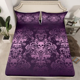 Adults Salmon Violet Damask Bed Sheets Antique Victorian Baroque Fitted Sheet Queen,Gothic Vintage Floral Sheets Exotic Sugar Skull Bed Set,Gothic Bone Skeleton Bohemian Decor,Dark Purple
