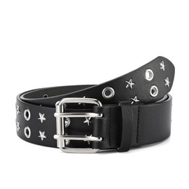 Lamerry Y2K Studded Belt, Double Pin, Double Eyelet, Street Casual Belt, Star, PU Leather, Cool, Punk 43.3 inches (110 cm), Men's, Women's, Black, Black